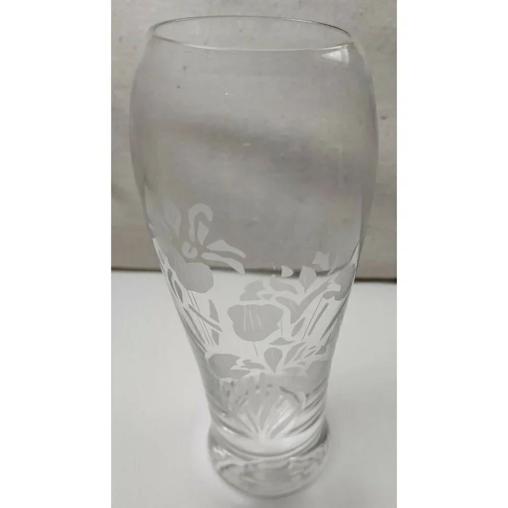Vintage Etched Iris Floral Pattern Rippled Top Opening Hand Blown Sphere Vase